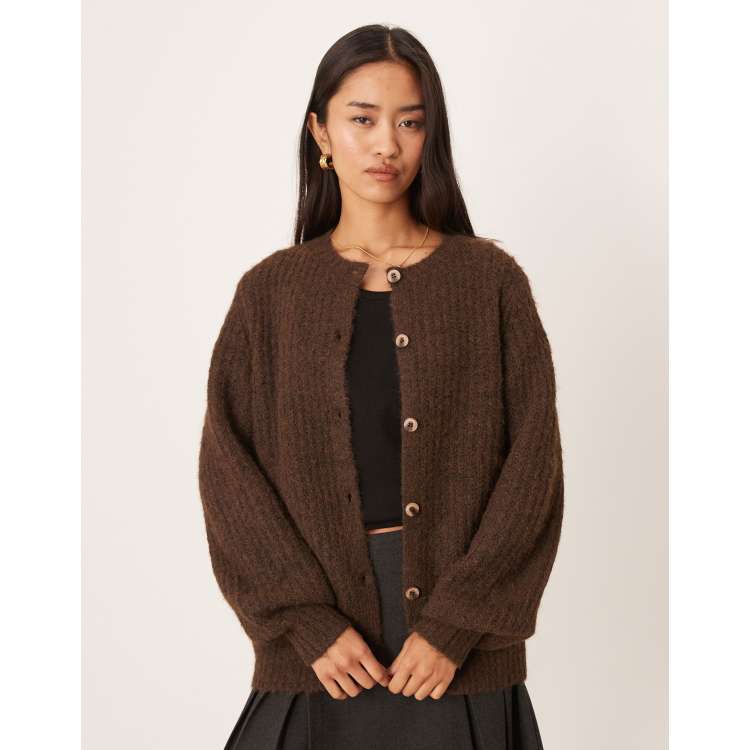 Layered knit cardigan（BROWN） Vila fluffy texture knitted cardigan in chocolate brown | ASOS