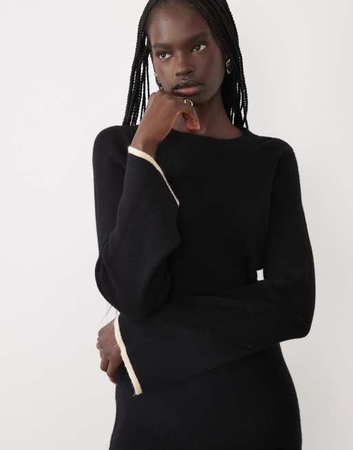 Vila fluffy texture knitted midi dress with constrast tipping in black, 2 of 4