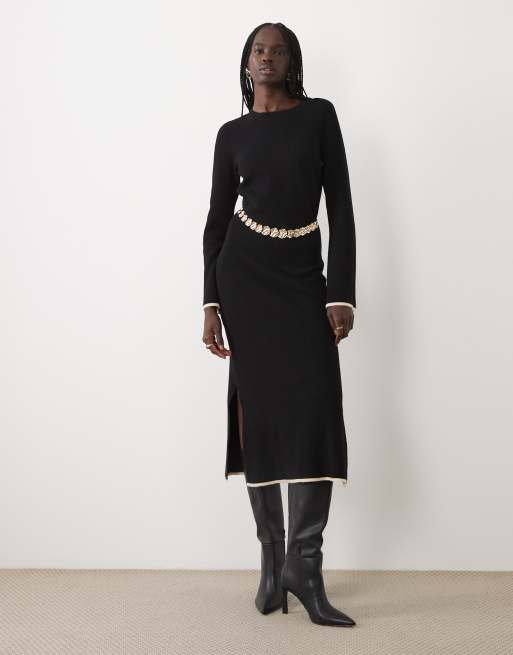 Vila fluffy texture knitted midi dress with constrast tipping in black, 3 of 4