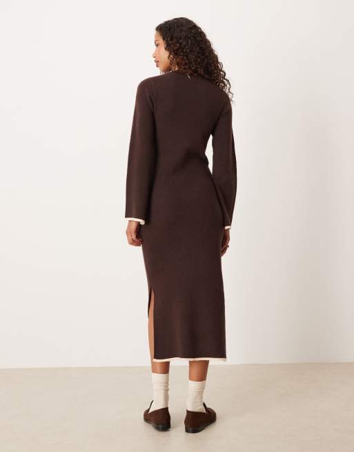 VILA fluffy texture knitted midi dress with constrast tipping in chocolate brown, 4 of 4