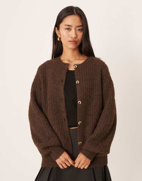 VILA fluffy textured knit cardigan in chocolate brown - view 1