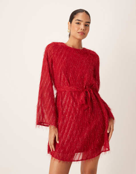 Vila fluffy textured tie waist mini dress in red - view 1