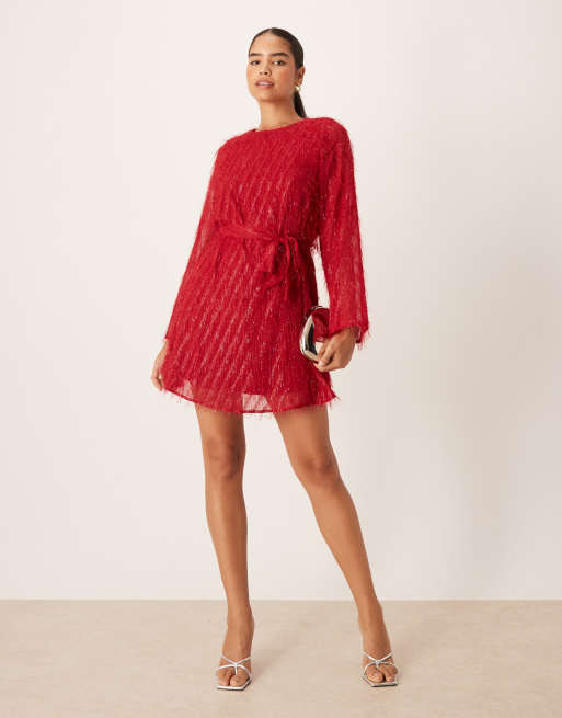 Vila fluffy textured tie waist mini dress in red, 2 of 4