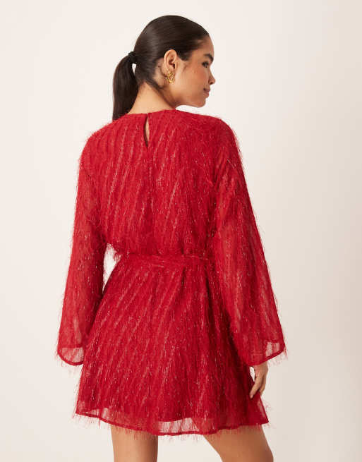 Vila fluffy textured tie waist mini dress in red, 4 of 4