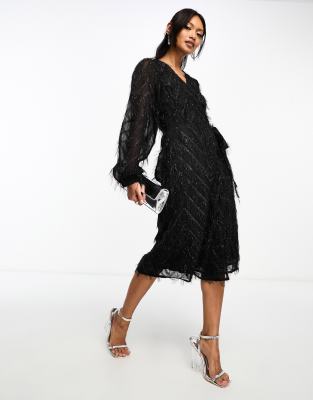 Vila Fluffy Textured Wrap Midi Dress In Black