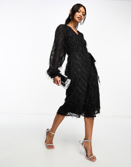 Vila fluffy textured wrap midi dress in black