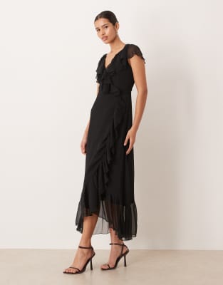 Vila Flutter Detail Chiffon Maxi Dress In Black