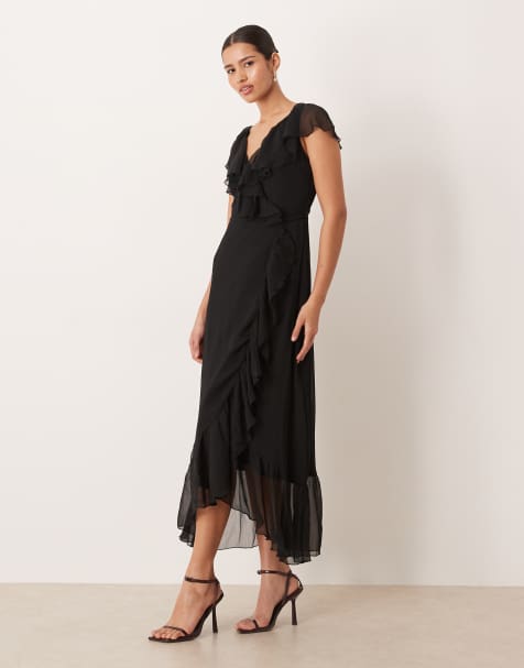 VILA flutter detail chiffon maxi dress in black - view 1