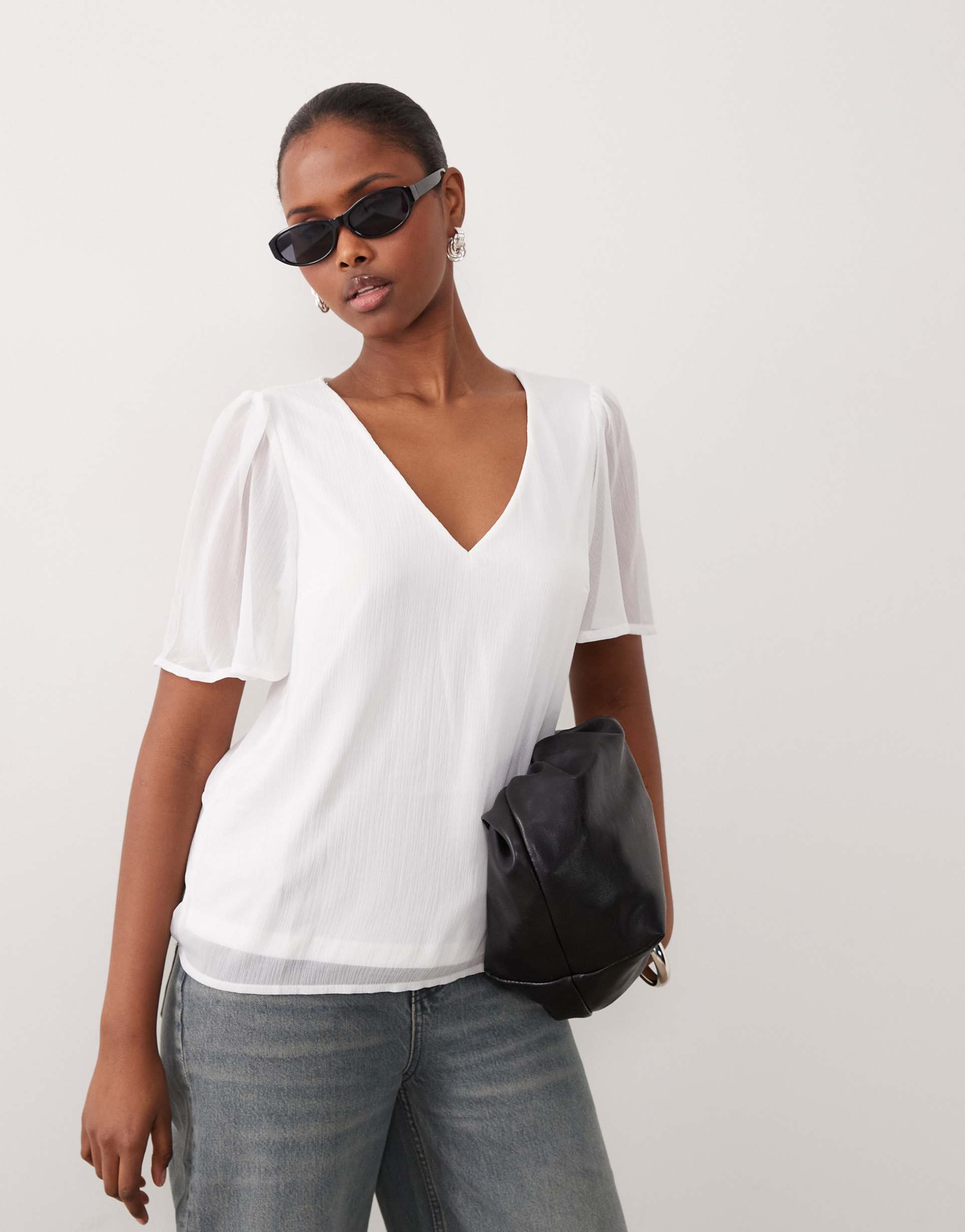 vila flutter sleeve chiffon blouse in white