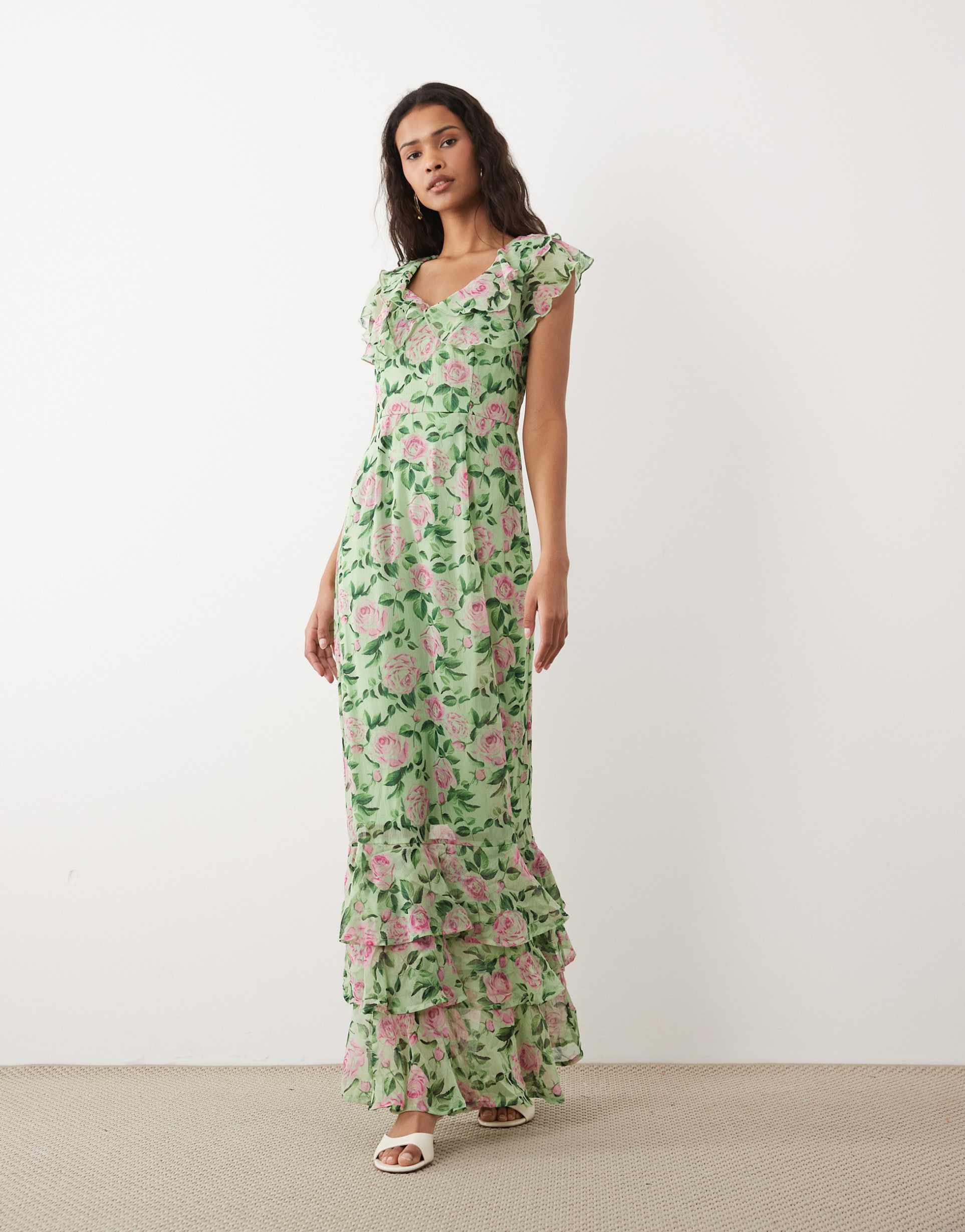 vila flutter sleeve maxi dress in sage green rose print