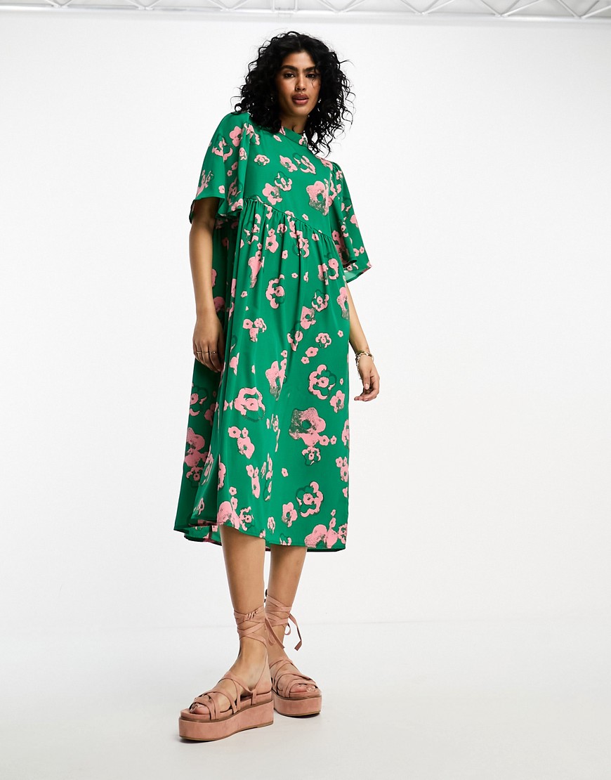 Vila flutter sleeve midi dress in green and pink floral-Multi