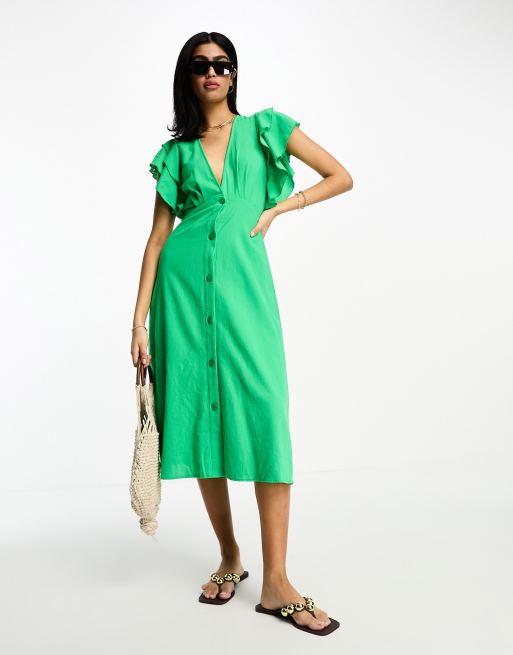 Vila flutter sleeve midi dress in green 