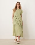 [Vila] VILA flutter sleeve tiered hem midi dress in sage green XS Sage