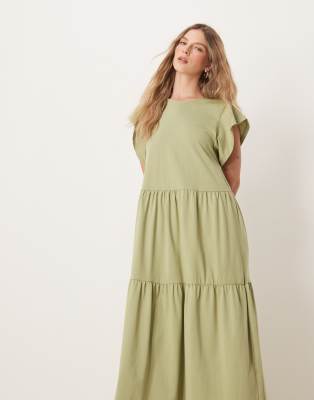Vila Flutter Sleeve Tiered Hem Midi Dress In Green