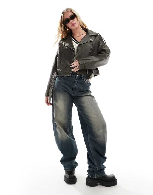 Vila - Forvasket sort oversized bikerjakke med læderlook 
