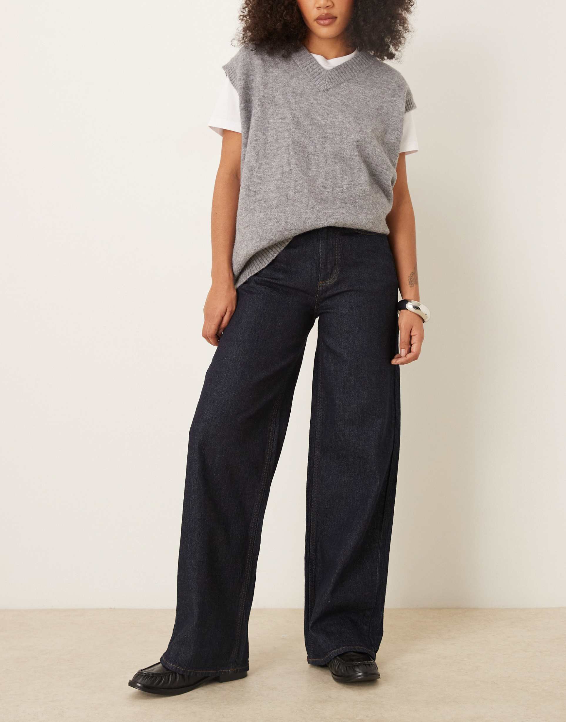 vila freya high waist wide leg jeans in dark blue denim