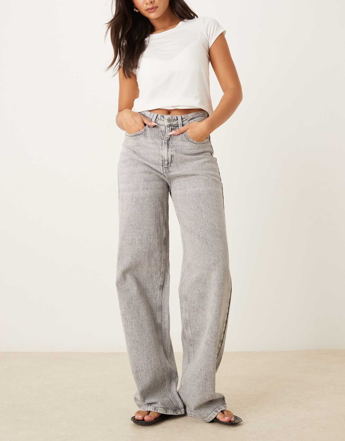 Vila Freya high waist wide leg jeans in light grey