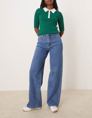 VILA - Freya - Jean large à taille haute - Bleu denim moyen