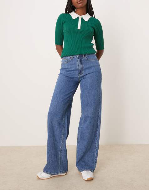 Vila Freya high waist wide leg jean in medium blue denim