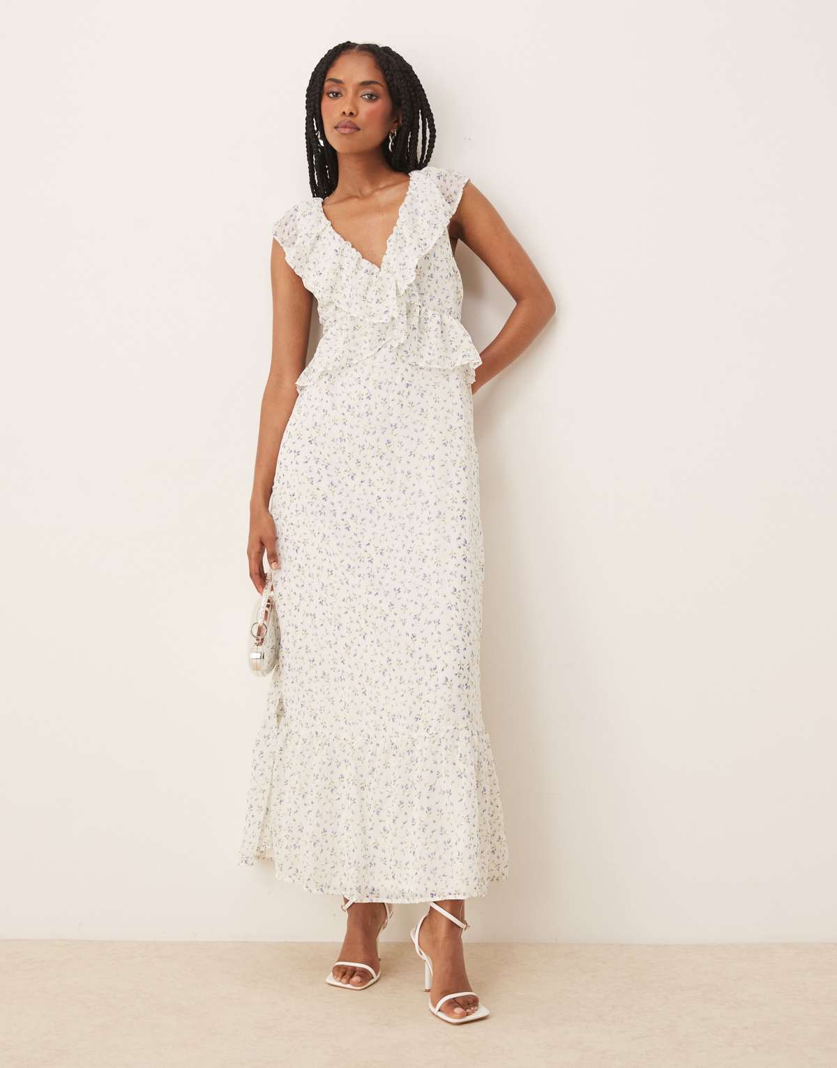 Vila frill detail maxi dress in blue ditsy floral