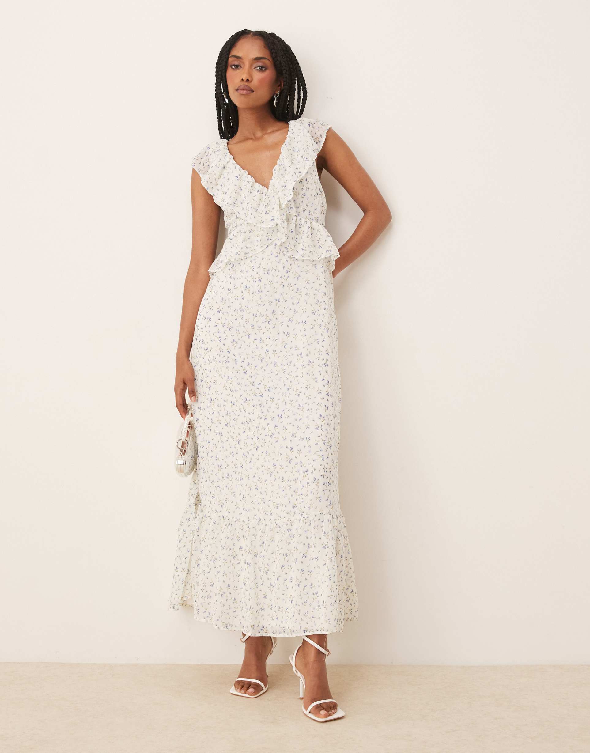 vila frill detail maxi dress in blue ditsy floral
