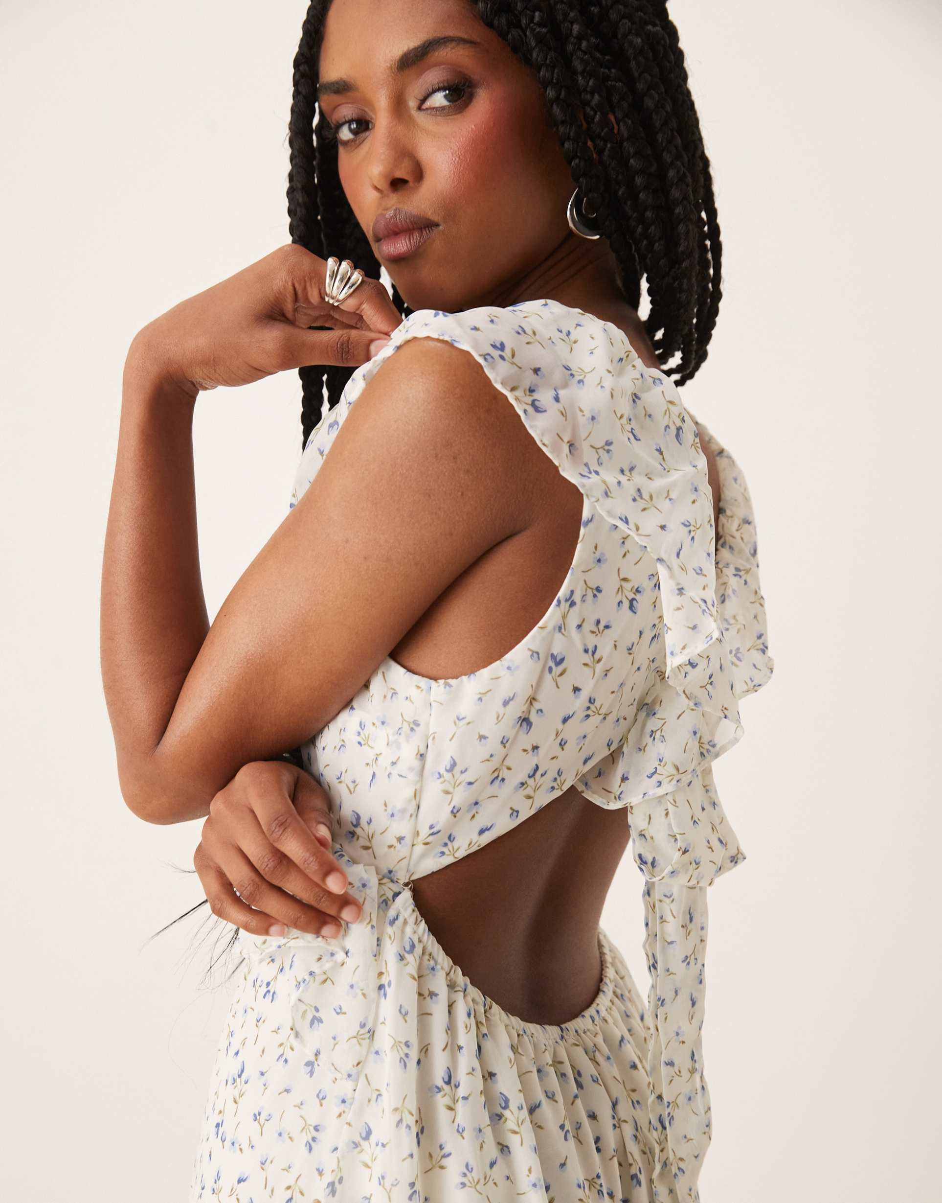 vila frill detail maxi dress in blue ditsy floral