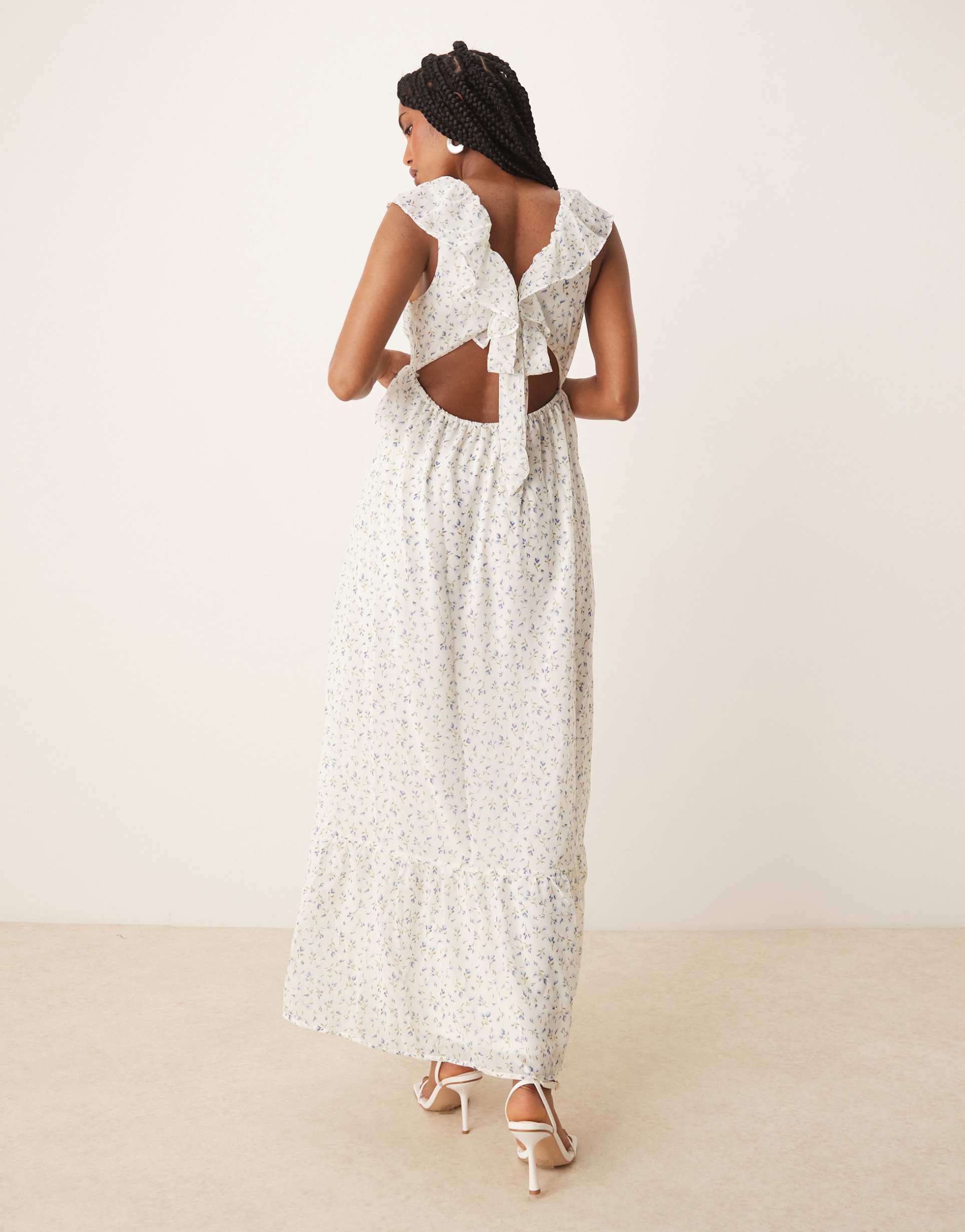 vila frill detail maxi dress in blue ditsy floral