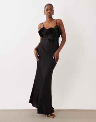Vila frill detail satin cami maxi dress in black