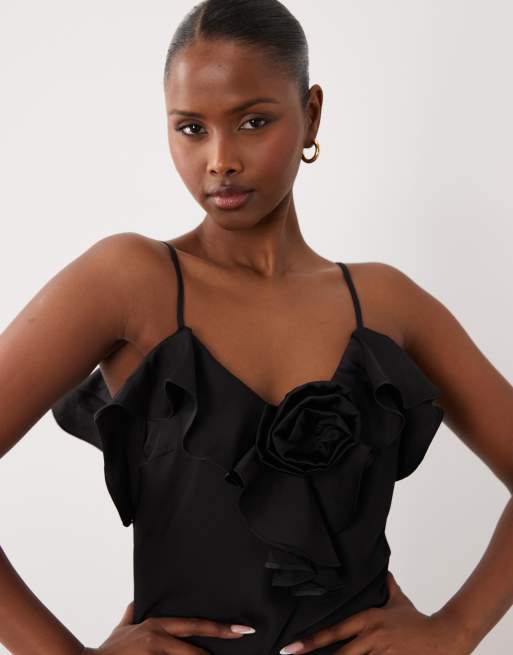 VILA frill detail satin cami maxi dress in black, 3 of 4