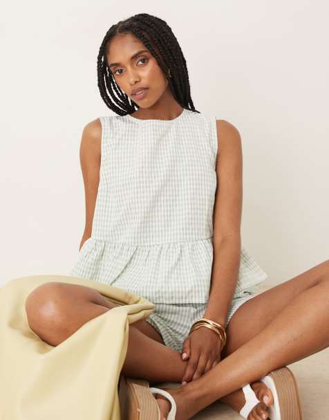 Vila frill hem sleeveless top in netural gingham (part of a set) - view 1