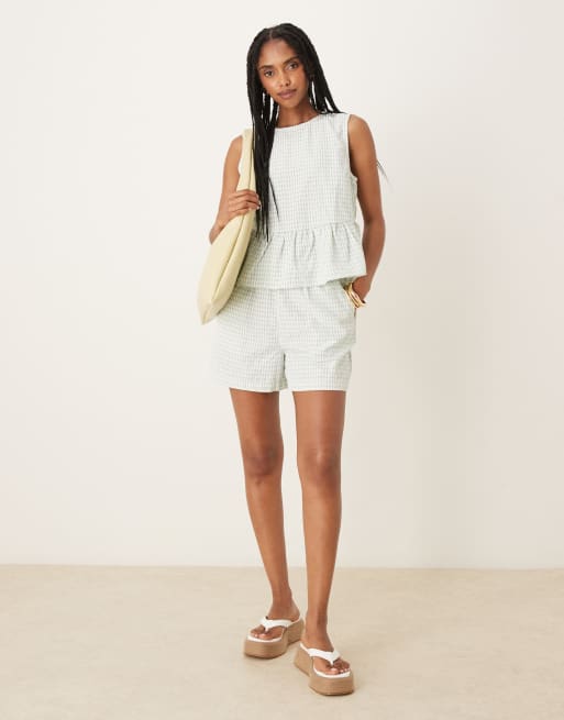 VILA frill hem sleeveless top in netural gingham - part of a set 