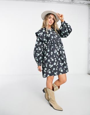 Vila frill mini smock dress in navy floral