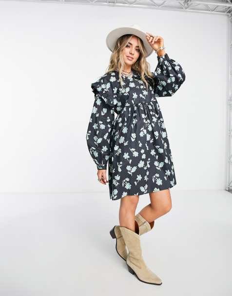 Vila frill mini smock dress in navy floral - view 1
