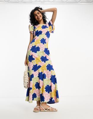 Vila frill shoulder maxi dress in bright floral