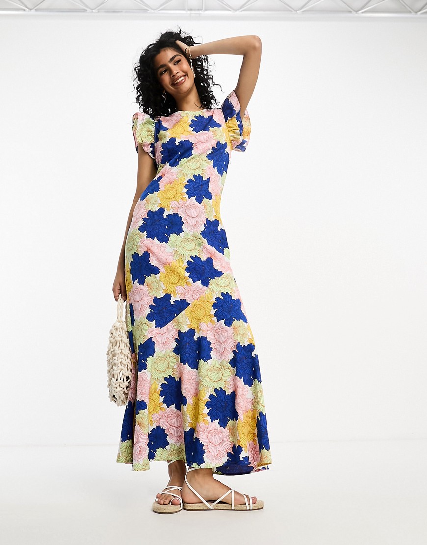 Vila frill shoulder maxi dress in bright floral-Multi