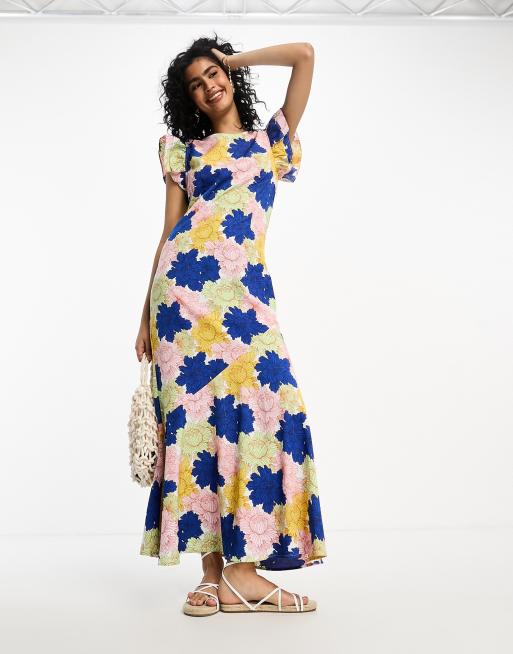 Blue And White Floral Maxi Dress With Frill Sleeves | Miss Floral | SilkFred