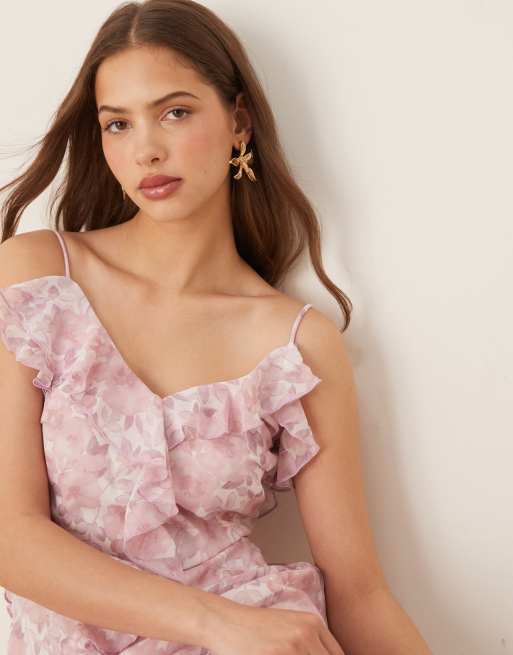 Vila frill trim midi dress in pink delicate floral , 3 of 4