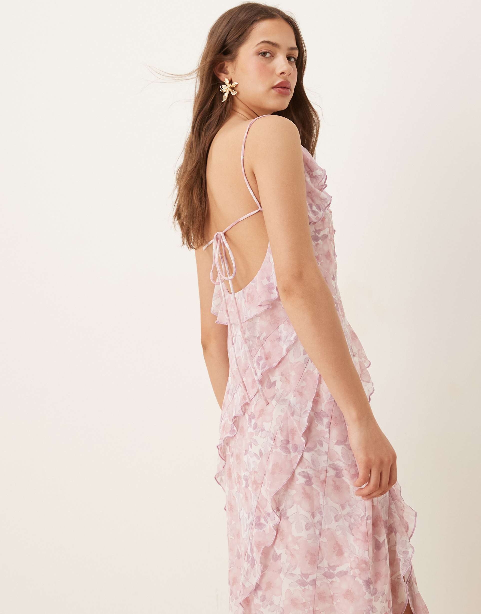 vila frill trim midi dress in pink delicate floral