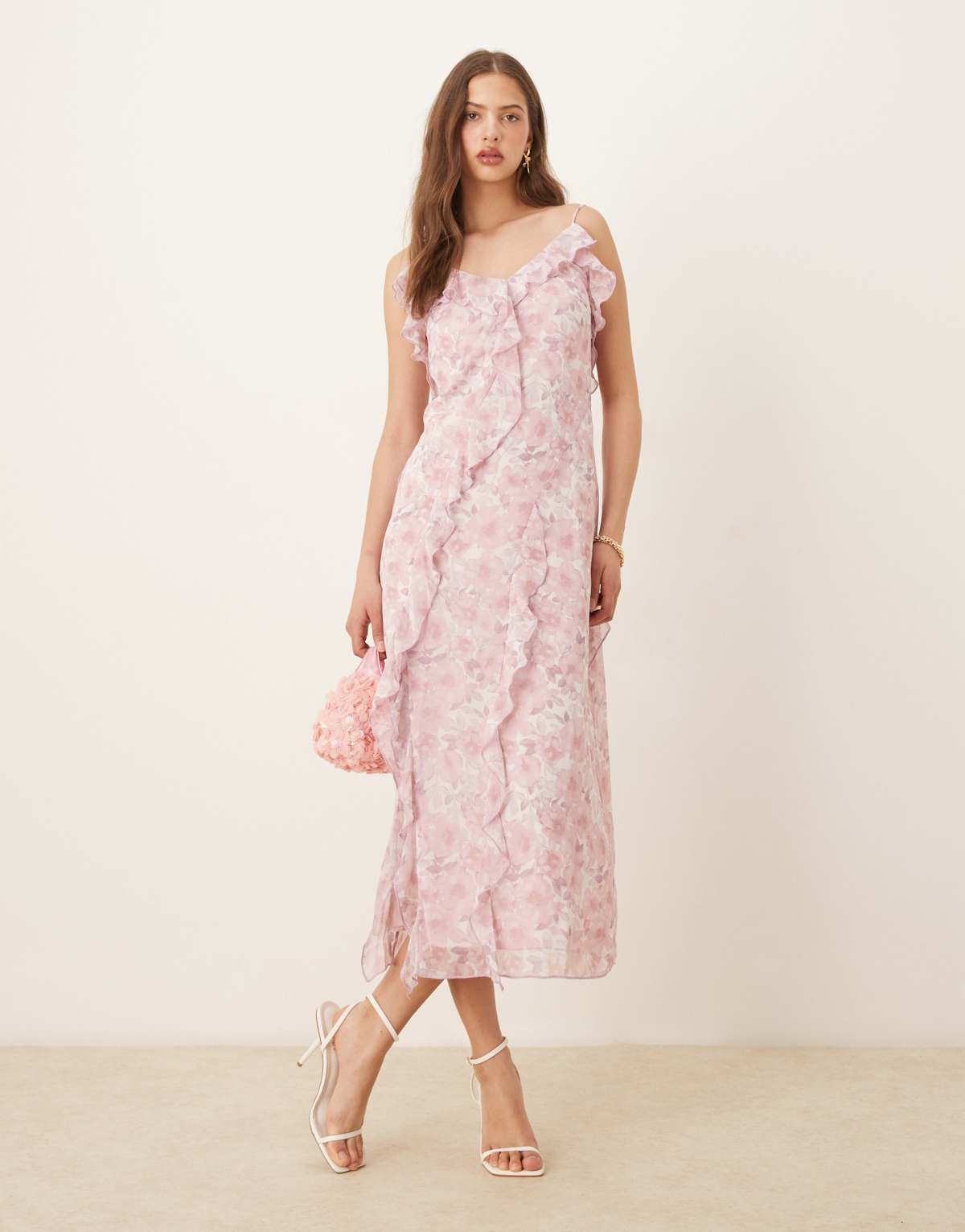 Vila frill trim midi dress in pink ditsy floral