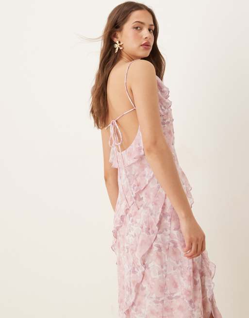 Vila frill trim midi dress in pink ditsy floral , 4 of 4