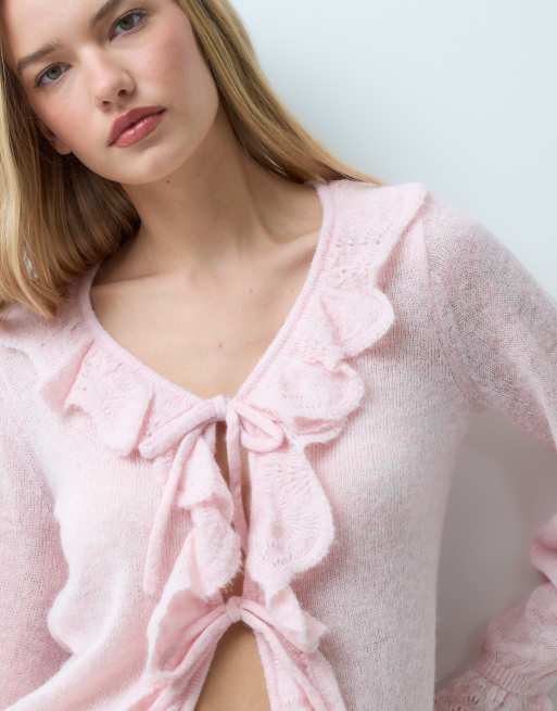 Vila frill trim tie front knitted cardigan in ballet slipper pink, 2 of 4