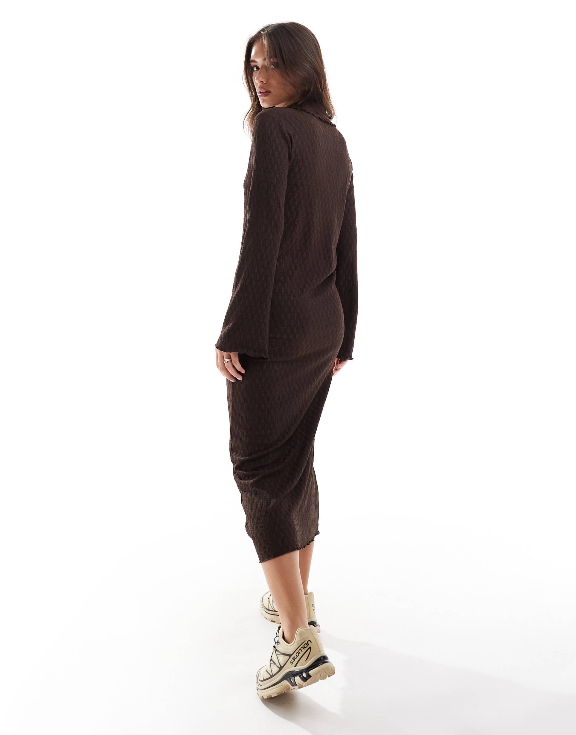 vila full button polo neck midi dress in brown