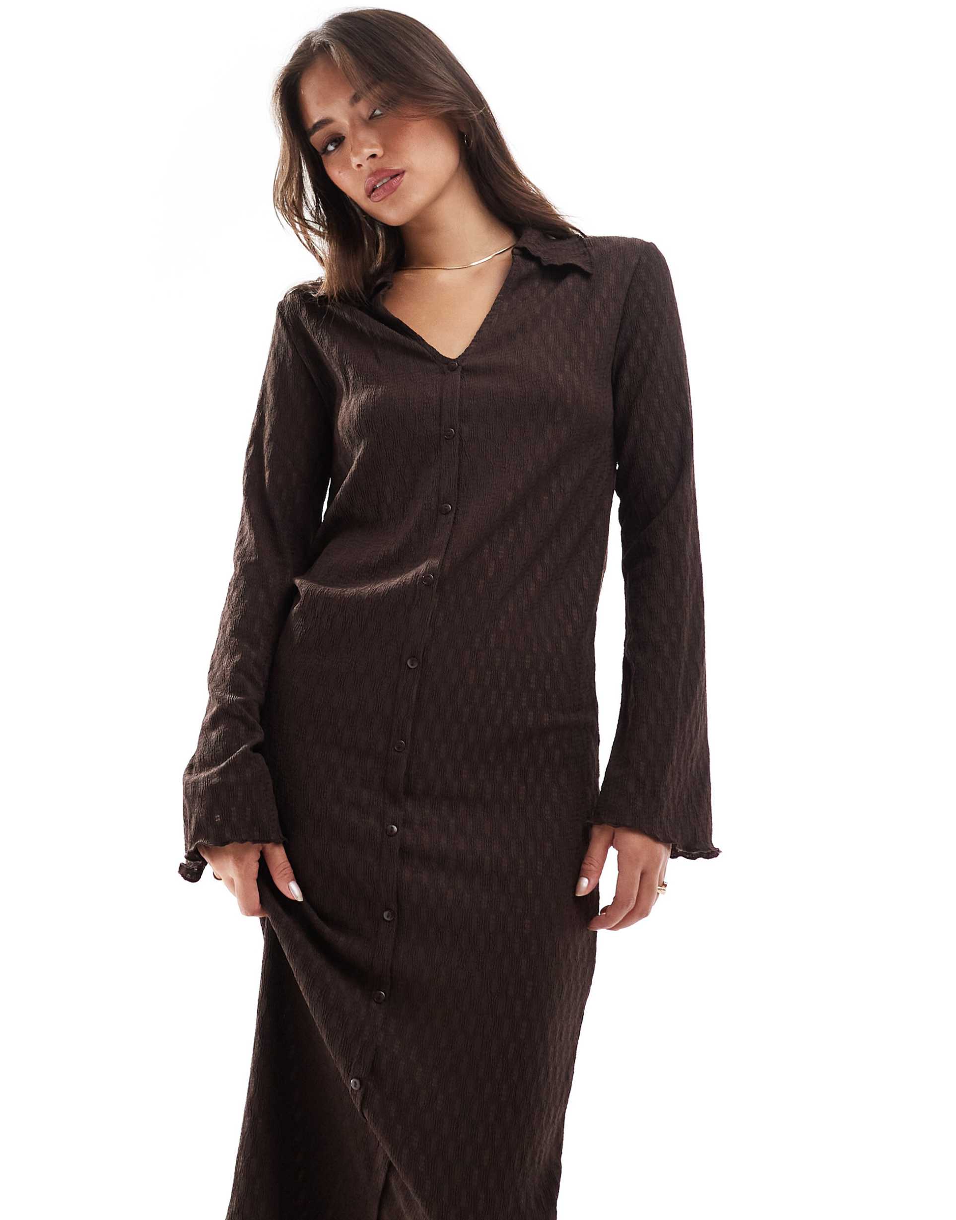 vila full button polo neck midi dress in brown