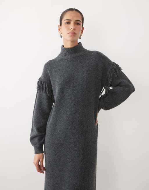 Vila funnel neck knitted maxi dress with fringe details in dark grey melange, 2 of 4