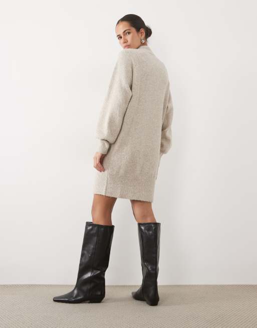 Vila funnel neck knitted mini dress with gold buttons in natural melange, 3 of 4