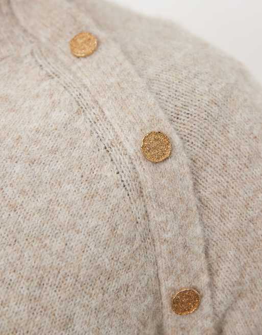Vila funnel neck knitted mini dress with gold buttons in natural melange, 4 of 4
