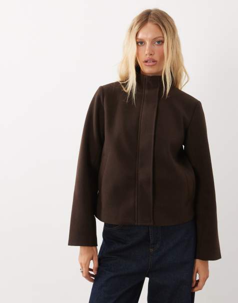 Vila funnel neck short wool-look jacket in chocolate brown - view 1
