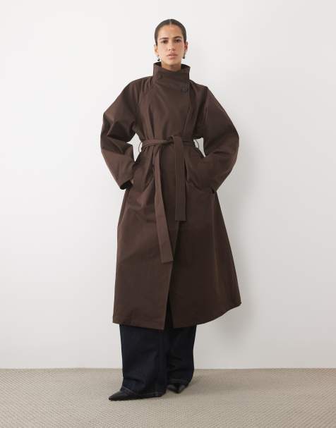 Vila funnel neck tie waist trench coat in chocolate brown - view 1