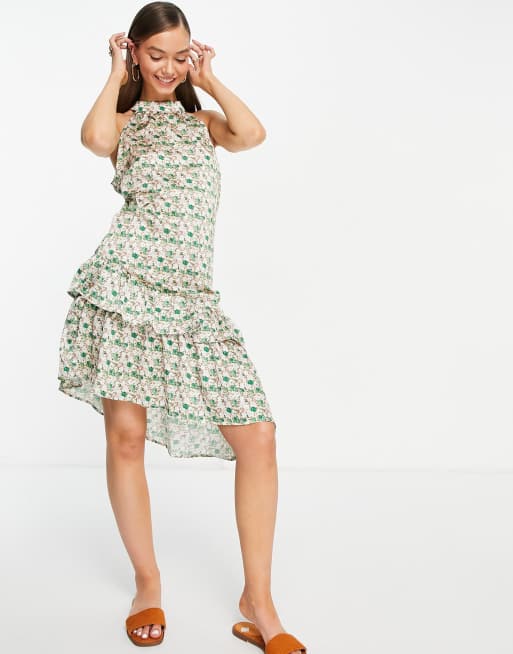 Vila Geblumtes Neckholder Kleid Mit Ruschenrock Asos 
