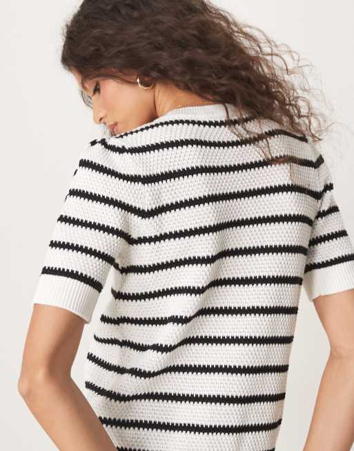 VILA - Gebreid gestreept T-shirt met korte mouwen in zwart en wit, 4 van 4